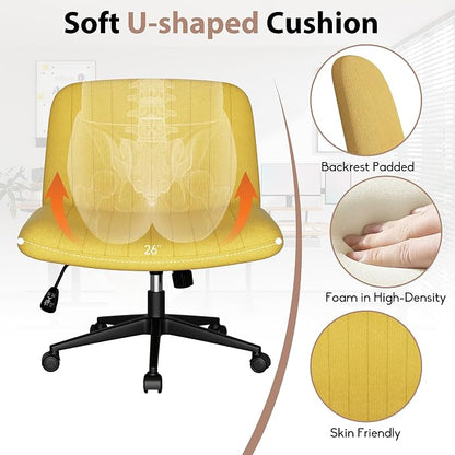 SUNLEI Cross Legged Office Chair with Wheels, Armless Wide Chair's for Vanity Desk, Criss Cross Comfy Chairs with Back, Desk Chair/s of Height Adjustable Swivel, Yellow