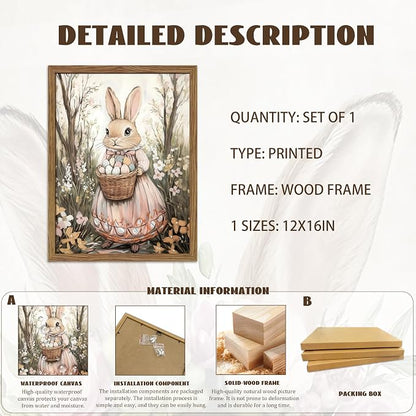 Framed Easter Bunny Canvas Wall Art, Rabbit & Egg Basket Poster Prints, Farmhouse Style Holiday Wall Decor, Vintage Rustic Home Artwork for Kids Room Bedroom Living Room 12x16 inch