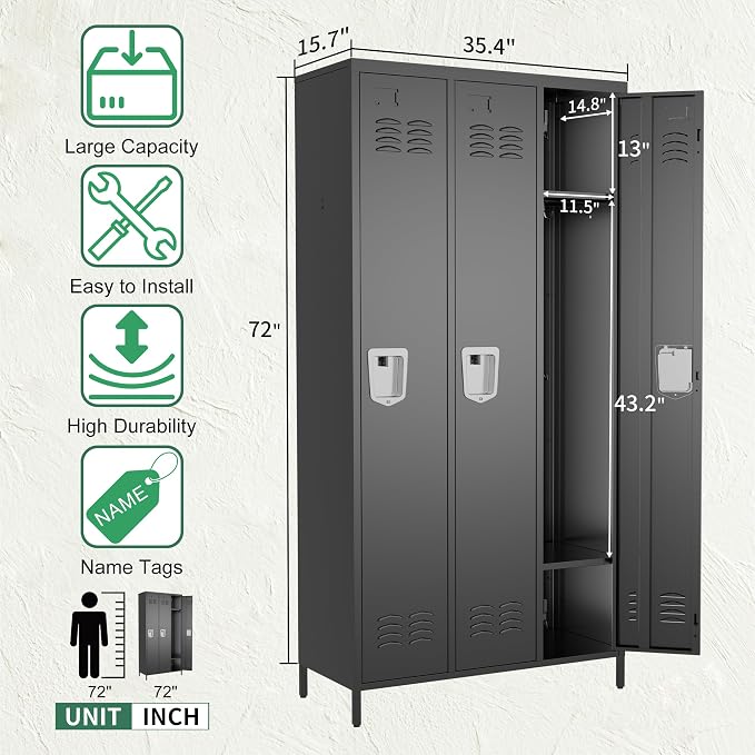3 Door Metal Lockers for Employees,Heavy-Duty Hooks,72" Secure Storage for Home,Offices,Schools & Gyms | Black