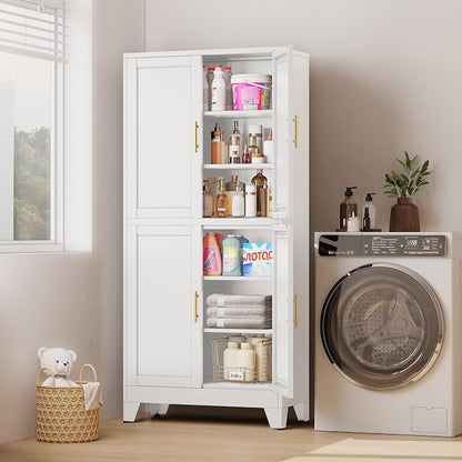 75" H Tall Kitchen Pantry Cabinet, Pantry Storage with Doors and 3 Adjustable Shelves, Metal Storage, Cupboard for Kitchen, White