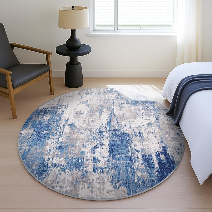 RELEANY Washable Area Rugs 4ft Non-Slip Modern Abstract Soft for Living Room Entryway Bedroom Kitchen, Print Pattern, Blue Grey Navy Gray
