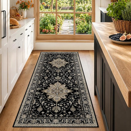 RELEANY Area Rugs Runner 2'x6' Washable Non-Slip, Floral Vintage Distress Medallion Carpet for Kitchen Hallway Bedroom Beside Laundry Room Bathroom, Black Brown Neutral Dark Tan