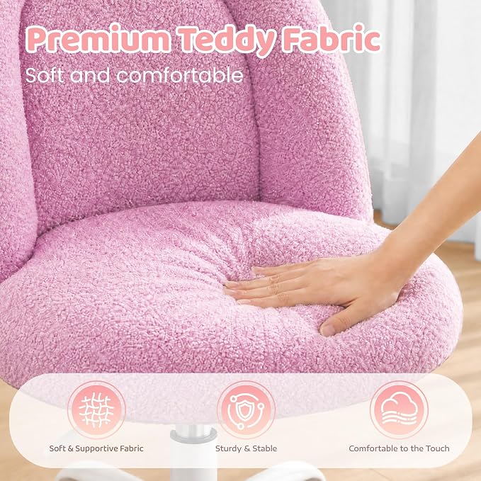 DurayLoly Vanity Chair Armless Cute Desk Chair with Wheels Soft Teddy Fleece Swivel Task Chair Adjustable Height & Silent Casters Ideal for Vanity Table, Bedroom & Dorm Lilac Purple