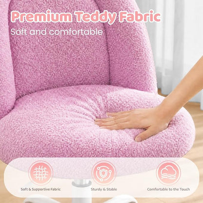 DurayLoly Vanity Chair Armless Cute Desk Chair with Wheels Soft Teddy Fleece Swivel Task Chair Adjustable Height & Silent Casters Ideal for Vanity Table, Bedroom & Dorm Lilac Purple