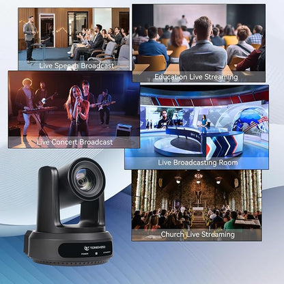 TONGVEO AI Auto-Tracking PTZ Camera: 20X Optical Zoom 1080P 60fps HDMI SDI USB PoE Video Camera for Church Worship Live Streaming, Conference Room Webcam for OBS
