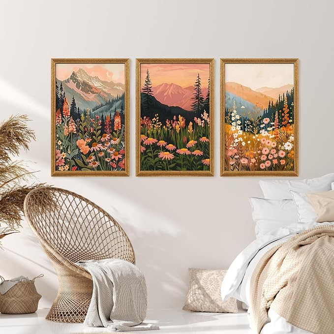 ICHZUMW Framed Boho Abstract Landscape Mountain and Floral Canvas Wall Art Set of 3, Colorful Nature Botanical Paintings Artwork, Large Wildflower Wall Decor for Living Room Bedroom Office, 20x30in