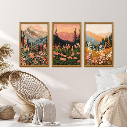 ICHZUMW Framed Boho Abstract Landscape Mountain and Floral Canvas Wall Art Set of 3, Colorful Nature Botanical Paintings Artwork, Large Wildflower Wall Decor for Living Room Bedroom Office, 16x24in