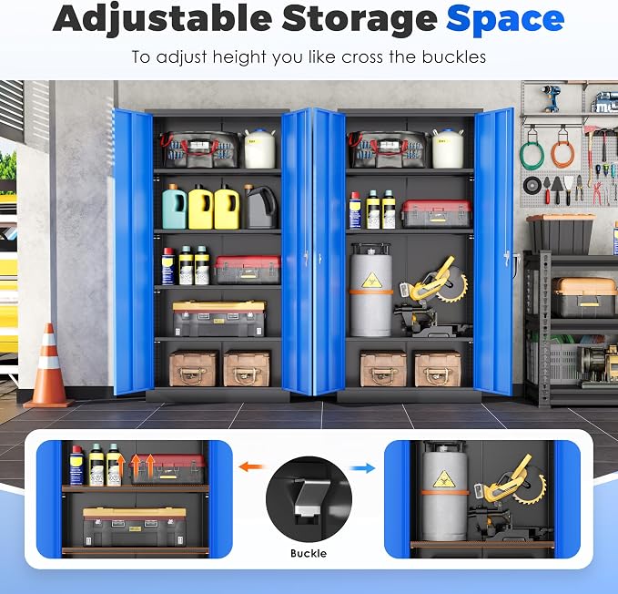 INTERGREAT Metal Garage Storage Cabinet with Lock, 72" Storage Cabinet with Locking Doors and 4 Adjustable Shelves, Lockable Steel Tool Cabinet for Home Office, School, Black Blue