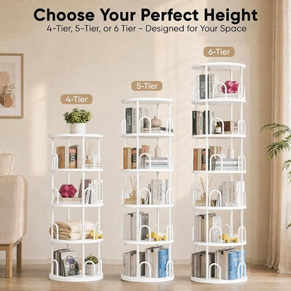 5 Tier Rotating Bookshelf, Corner Wooden, Metal Skinny Bookshelf for Toy Lego Dispaly Book Shelf Room Storage Organizer Furniture White Tall Bookcase for Bedroom Living Room Office Kitchen Shelf