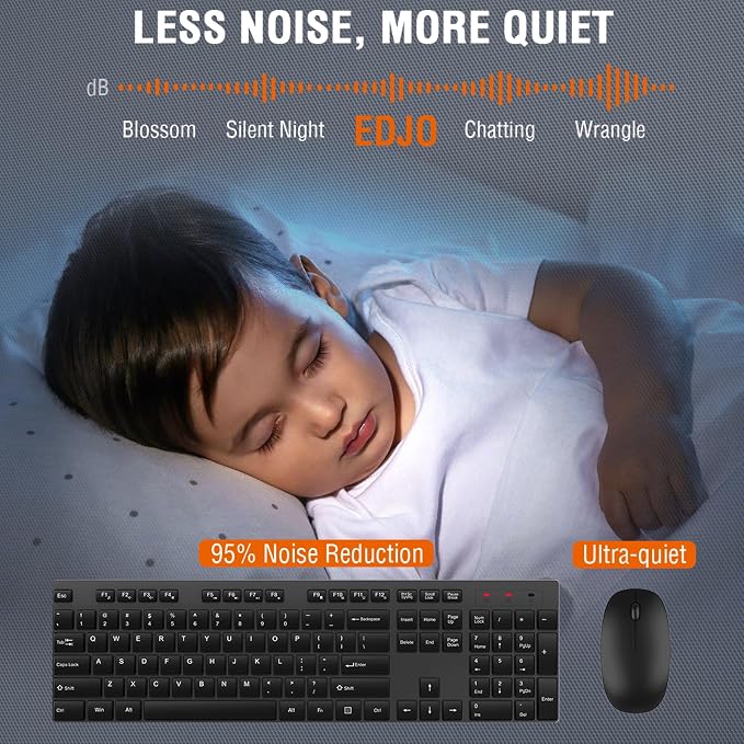 Wireless Keyboard and Mouse Combo, EDJO Silent Full Size Cordless USB Keyboard Mouse, 2.4GHz Lag-Free, Long Battery Life, for Computer, Laptop, PC, Chromebook, Windows (Black, 1 Pack)