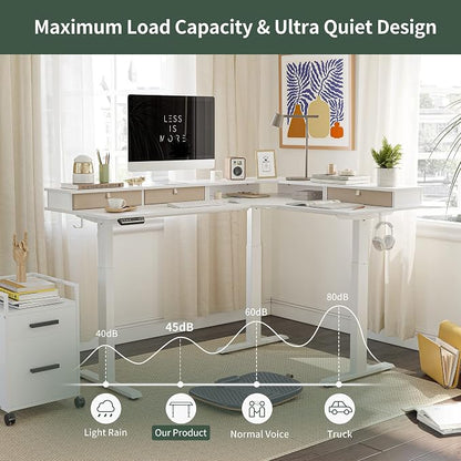 FEZIBO Triple Motor 63" L Shaped Standing Desk with 3 Drawers, Electric Standing Gaming Desk Adjustable Height, Corner Stand up Desk with Splice Board, White Frame/White Top