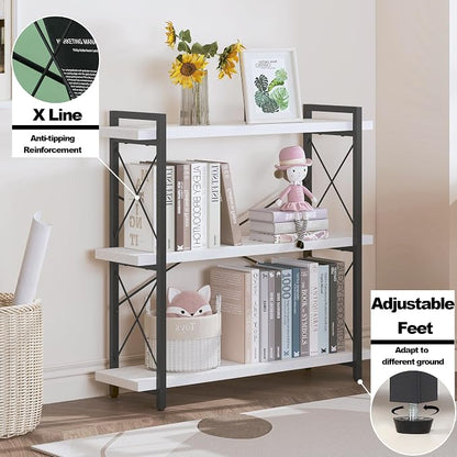 HCHQHS Bookshelf, 3-Tier Industrial Bookcase, Open Book Shelf, Freestanding Horizontal Bookshelves with Metal Frame