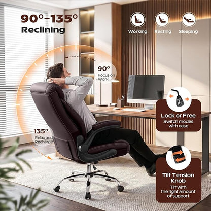 Office Chair, Ergonomic High Back Home Office Desk Chair, Big and Tall Breathable Leather Office Chair with Lumbar Support Flip-Up Armrests, Computer Chair with Rocking Function