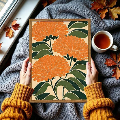 Framed Boho Floral Wall Art, Vintage Orange Flower Canvas Wall Decor Pictures, Mid Century Modern Abstract Botanical Paintings Prints Maximalist Home Decor for living Room Bedroom Office 16x24 inch