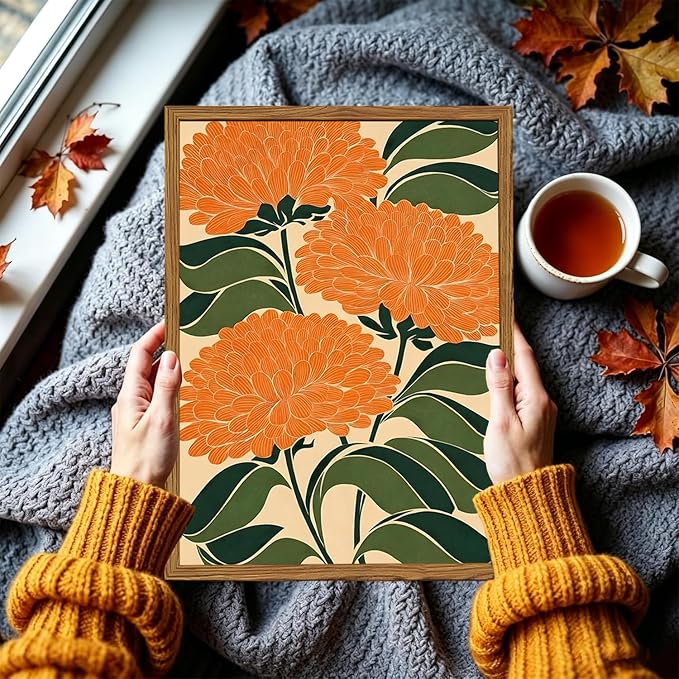 Framed Boho Floral Wall Art, Vintage Orange Flower Canvas Wall Decor Pictures, Mid Century Modern Abstract Botanical Paintings Prints Maximalist Home Decor for living Room Bedroom Office 12x16 inch
