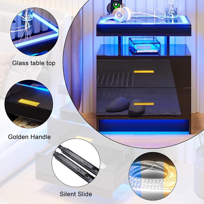 HNEBC LED Nightstand with Charging Station (USB,Type-C Ports) High Gloss Bedside Table with 2 Drawers, Smart Night Stand with Auto Sensor Lights,Modern Bed Side Table for Bedroom (Black)