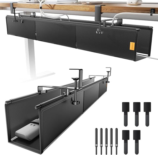 39" No Drill Under Desk Cable Management Tray (Black) | Fire-Resistant Thickened Nylon Material, Clip-on Cord Organizer to Hide Power Strip, Heat Dissipation Mesh Design, for Office