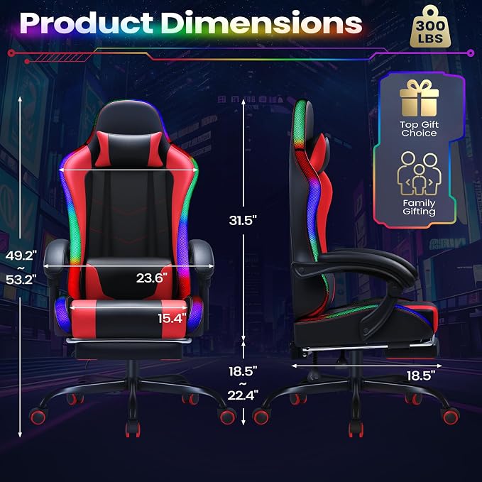 Homall Gaming Chair, Video Game Chair with Footrest and Massage Lumbar Support, Ergonomic Computer Chair Height Adjustable with Swivel Seat and Headrest (RGB Red)