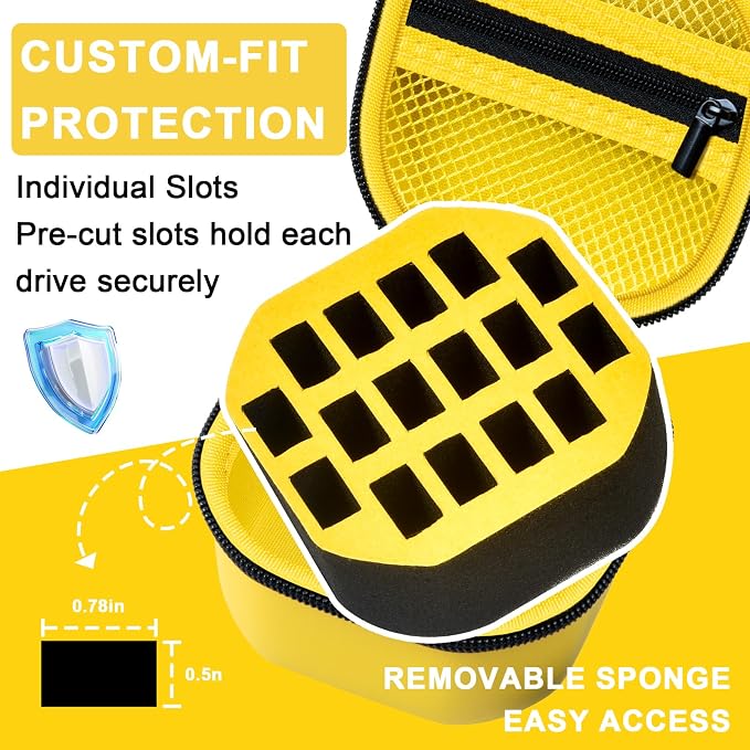 Comecase 16 Slots USB Flash Drive Case, Hard Shell Organizer for Thumb Drives & Jump Drives with Carabiner, Portable USB Case with Removable Pre-Cut Sponge & SD Card Mesh Pocket (Yellow, Medium)