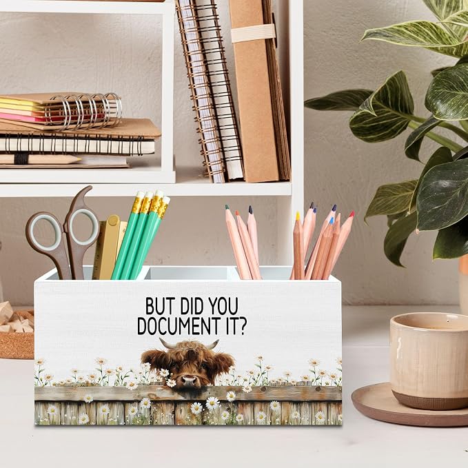 DILSJ Funny Highland Cow Office Pen Pencil Holder Organizer for Desk, Human Resource Gifts, But Did You Document It Farmhouse Highland Cow Wooden Box Signs for Home Office Desk Tabletop Decoration