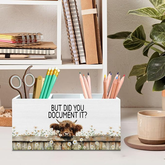 DILSJ Funny Highland Cow Office Pen Pencil Holder Organizer for Desk, Human Resource Gifts, But Did You Document It Farmhouse Highland Cow Wooden Box Signs for Home Office Desk Tabletop Decoration