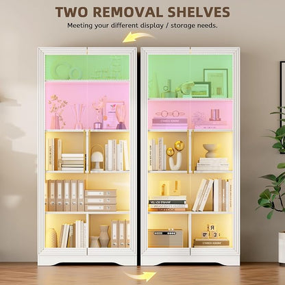 Vlsrka LED Display Cabinet with Glass Doors, Modern Storage Cabinet with 5 Tier Adjustable Shelves, Human Sensor, for Collectibles, 65" Tall Bookcase for Home Office Living Room, White