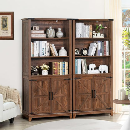 Joaxswe 70in Tall Bookshelf 5 Tier Bookcase with Barn Doors and Adjustable Shelves, Brown Farmhouse Book Shelf with Storage Cabinet, Wood Freestanding Display Bookshelves for Bedroom, Kitchen (2PCS)
