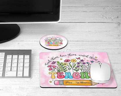 Personalized Teacher Mousepad and Coaster Desk Set Gift for Teachers Appreciation Back to School Classroom Decor Custom Handmade by The Painted Pug (Teach Them Floral)
