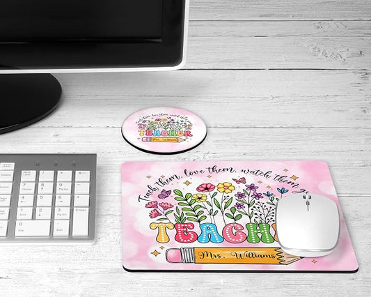 Personalized Teacher Mousepad and Coaster Desk Set Gift for Teachers Appreciation Back to School Classroom Decor Custom Handmade by The Painted Pug (Teach Them Floral)