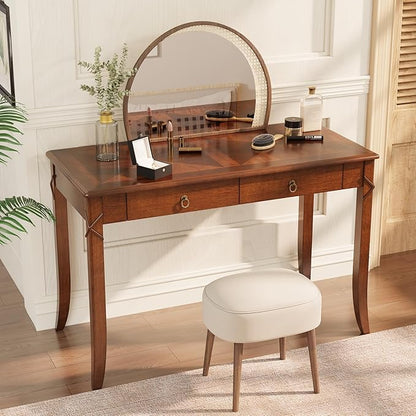Solid Wood Writing Desk, Home Office Desks with 2 Storage Drawers, 46" Mid-Century Modern Walnut Tables, Computer Desk for Home Office, Easy Assembly Vanity Desk, Study Table Station BSZDR200