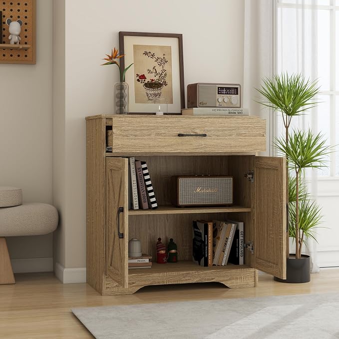 Panana Wooden Cabinet 1 Drawer and 2 Doors Storage Cupboard Coffee Bar Sideboard Farmhouse Entryway Organizer Console (Nature)