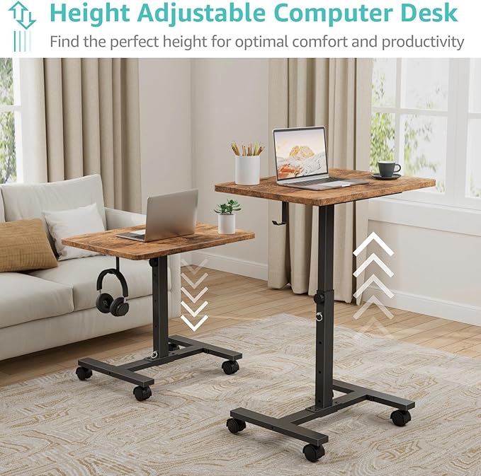 WINAZ Small Portable Laptop Rolling Desk - 24 Inch Mobile Computer Desk Adjustable Height on Wheels for Small Spaces, Couch Kids Desks End Side Table, Teacher Podium for Classroom, Rustic Brown