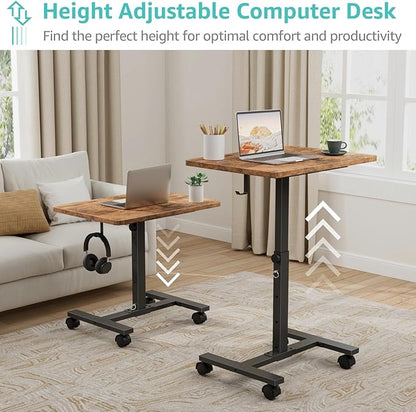 WINAZ Small Portable Laptop Rolling Desk - 24 Inch Mobile Computer Desk Adjustable Height on Wheels for Small Spaces, Couch Kids Desks End Side Table, Teacher Podium for Classroom, Rustic Brown