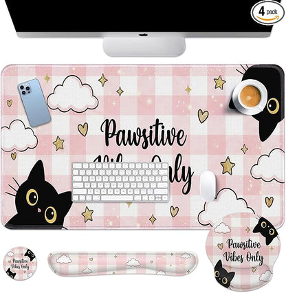Britimes Pink Cat Kawaii Keyboard Mouse Pad Set Cloud Gingham 4in1 Large Mousepad+Keyboard Wrist Rest+Mouse Wrist Rest+Coaster Ergonomic Design for Home Office Computer 35.4x15.7 inches