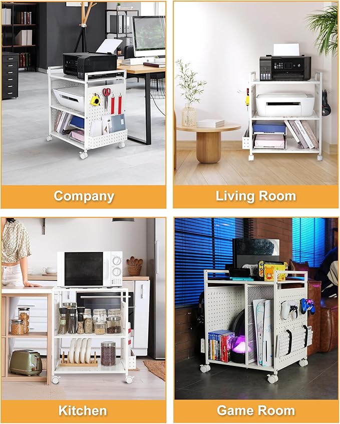 Mythinglogic 3-Tier Rolling Printer Stand with Adjustable Height, Metal Office Organizer Cart, DIY Panels, Lockable Wheels for Home, Office, Kitchen, Gaming