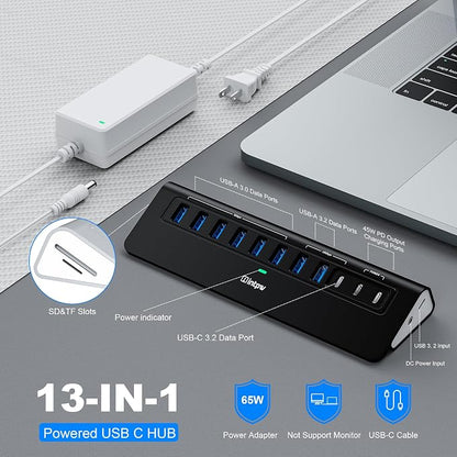 Powered USB Hub 10Gbps, Intpw YH9AC Plus 13-Port USB 3.2 Hub(USB A/USB C 3.2+6 USB-A 3.0+2 PD 45W Fast Charging Ports+SD/TF Card Reader), 65W Power Adapter,Aluminum USB HUB for PC,Laptop,iPhone 17/16