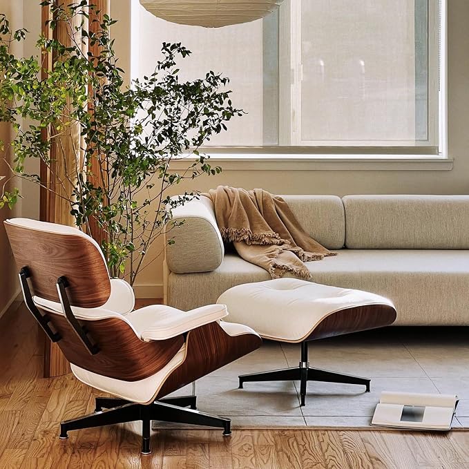Top White Grain Leather Accent Chair,Mid Century Lounge Chair with Ottoman Chase Lounge Chair Indoor, Modern Chair Classic Design,Heavy Duty Base Support for Living Room Office Walnut White