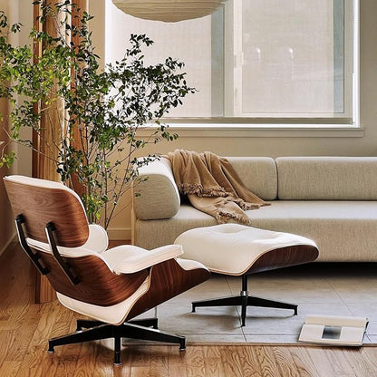 Top White Grain Leather Accent Chair,Mid Century Lounge Chair with Ottoman Chase Lounge Chair Indoor, Modern Chair Classic Design,Heavy Duty Base Support for Living Room Office Walnut White