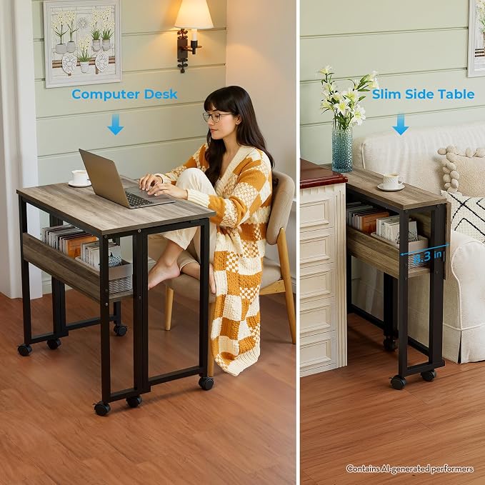 GreenForest Folding Desk with Wheels, 31.5 Inch Compact Rolling Computer Table with Storage Shelf, Portable Mobile Workstation for Small Spaces, Easy Assembly, Grey Wash