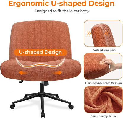 NEO CHAIR Criss Cross Chair with Wheels Armless Cross Legged Office Desk Wide Comfy Vanity Makeup Chair Adjustable Swivel Rolling Computer for Home Office Fabric (Brown)
