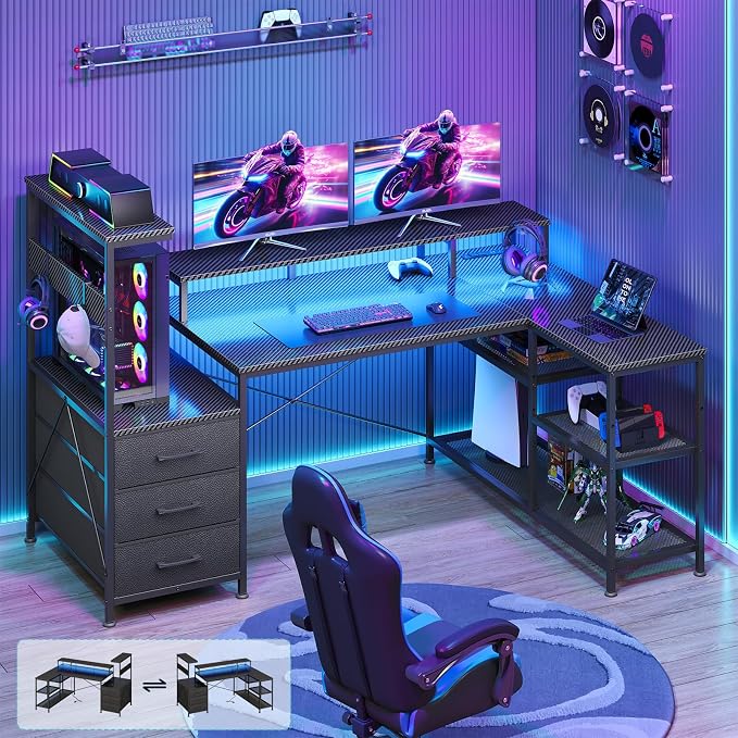 YOMILUVE L Shaped Gaming Desk with Drawers & Storage Shelves, Corner Gaming Desk with Power Outlets & LED Light, Reversible Computer Desk with Monitor Stand & Hooks, Carbon Fiber Black