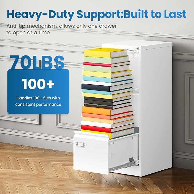 PEUKC 3-Drawer File Cabinet with Lock, 16.3" Deep Vertical Filing Cabinets, Metal File Cabinets for Home Office, Anti-Tip 3 Storage Drawers for Letter/Legal/A4/F4 Size (Assemble Required, White)