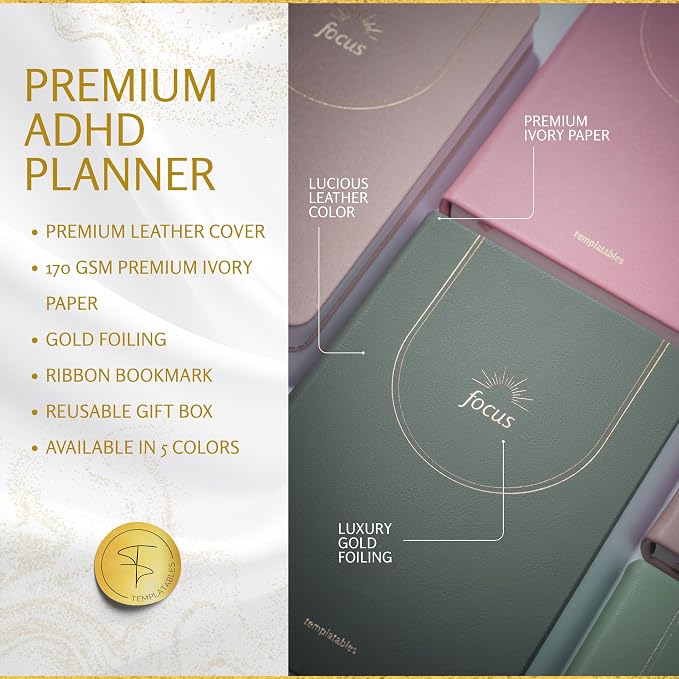 ADHD Daily Planner for Neurodivergent Adults – Premium Leather Productivity & Task Management Planner with Guided Focus Pages, 170gsm Paper, Gold Foiling & Gift Box – Undated | A5 (Sage Green)