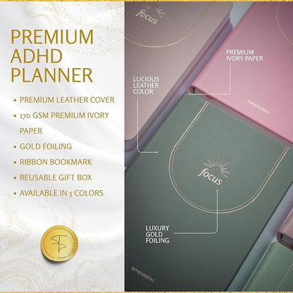 ADHD Daily Planner for Neurodivergent Adults – Premium Leather Productivity & Task Management Planner with Guided Focus Pages, 170gsm Paper, Gold Foiling & Gift Box – Undated | A5 (Sage Green)