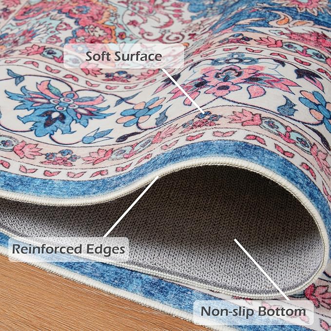 Goideal Washable Rug 8x10, Vintage Area Rugs Non Slip, Indoor Low Pile Carpet with Rubber Backing for Living Room Kitchen Bathroom Entryway Office Bedroom, Blue & Hot Pink