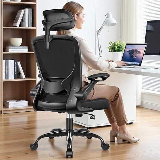 BESTFAIR Office Chair Ergonomic Desk Chair, Breathable Mesh Office Chairs with Adjustable Lumbar Support, Flip-Up Arms, Computer Desk Chair Comfy for Home Office, 2 Pack
