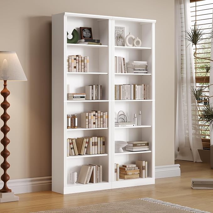 Thacuok 75" Tall Bookshelf Set of 2, 6 Tier Bookshelf with Adjustable Shelves, Bookcase with Anti-Tipping Device, Floor Standing Modern Display Rack,Book Shelf for Living Room, Bedroom, Office, White