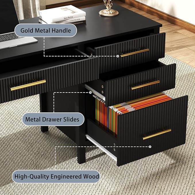 Fluted Executive Desk with Drawers: 54" Black Home Office Desks with File Drawers, Modern Computer Desk with Gold Handles, Writing Table for Study, Living Room (Black, 54")