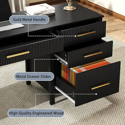 Fluted Executive Desk with Drawers: 54" Black Home Office Desks with File Drawers, Modern Computer Desk with Gold Handles, Writing Table for Study, Living Room (Black, 54")
