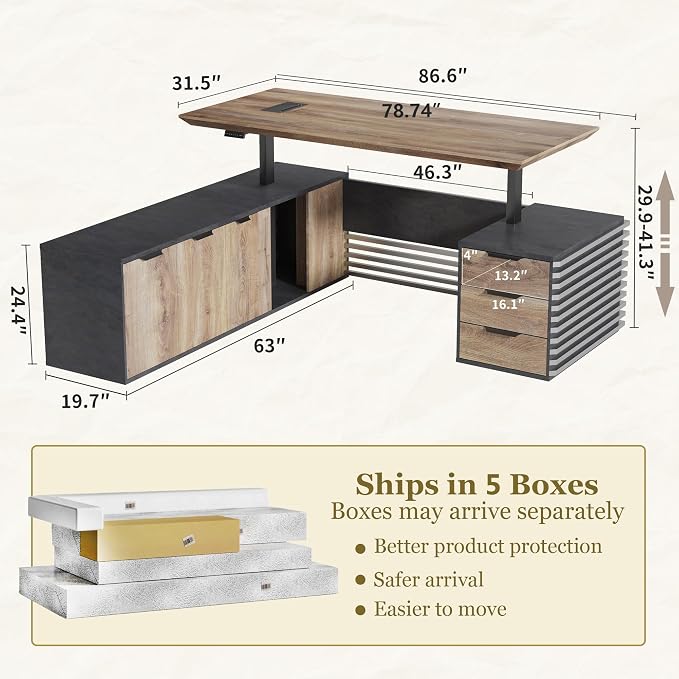 SAINTCY 86.61In L Shaped Executive Standing Desk with Drawers, Large Modern Adjustable Heigh Home Office Desk w/Universal Charging Ports, Business Workstation, Black and Warm Oak